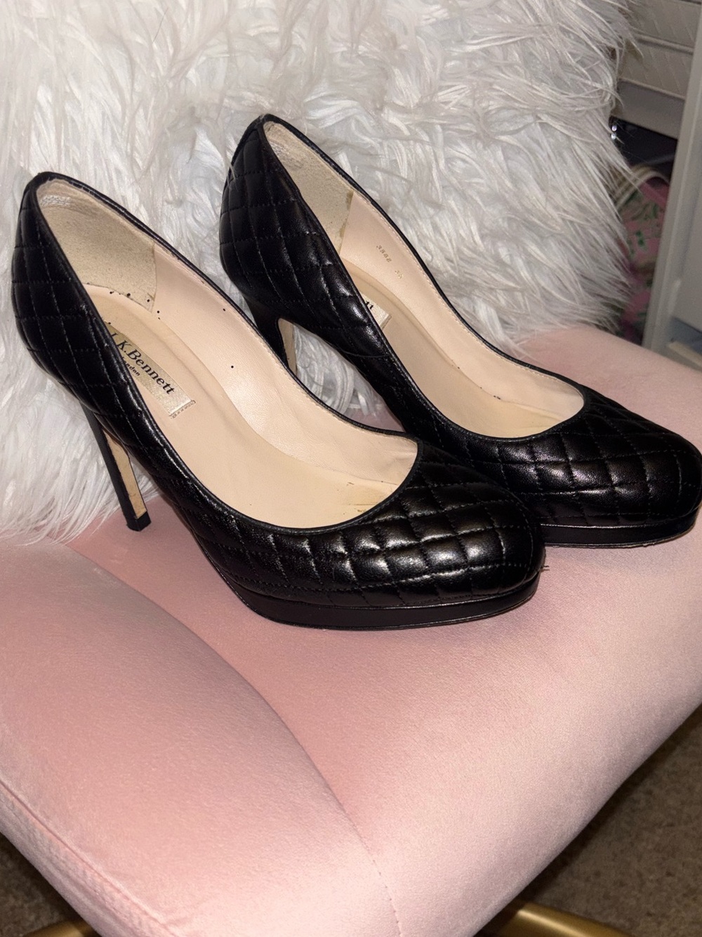 LK Bennett Black Quilted Leather High Heel Pumps with Round Toe